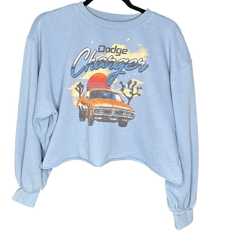 Dodge Charger Womens XL Cropped Sweatshirt Blue Retro Car Graphic Raw Hem